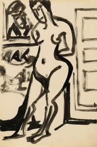 Standing Nude in Front of Picture in Studio